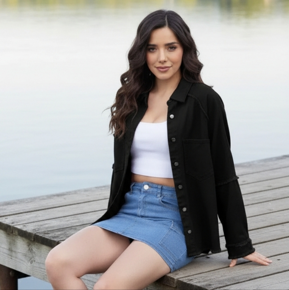 Lightweight Raw Hem Jean Shacket Oversized Boyfriend Exposed Seam Denim Jacket